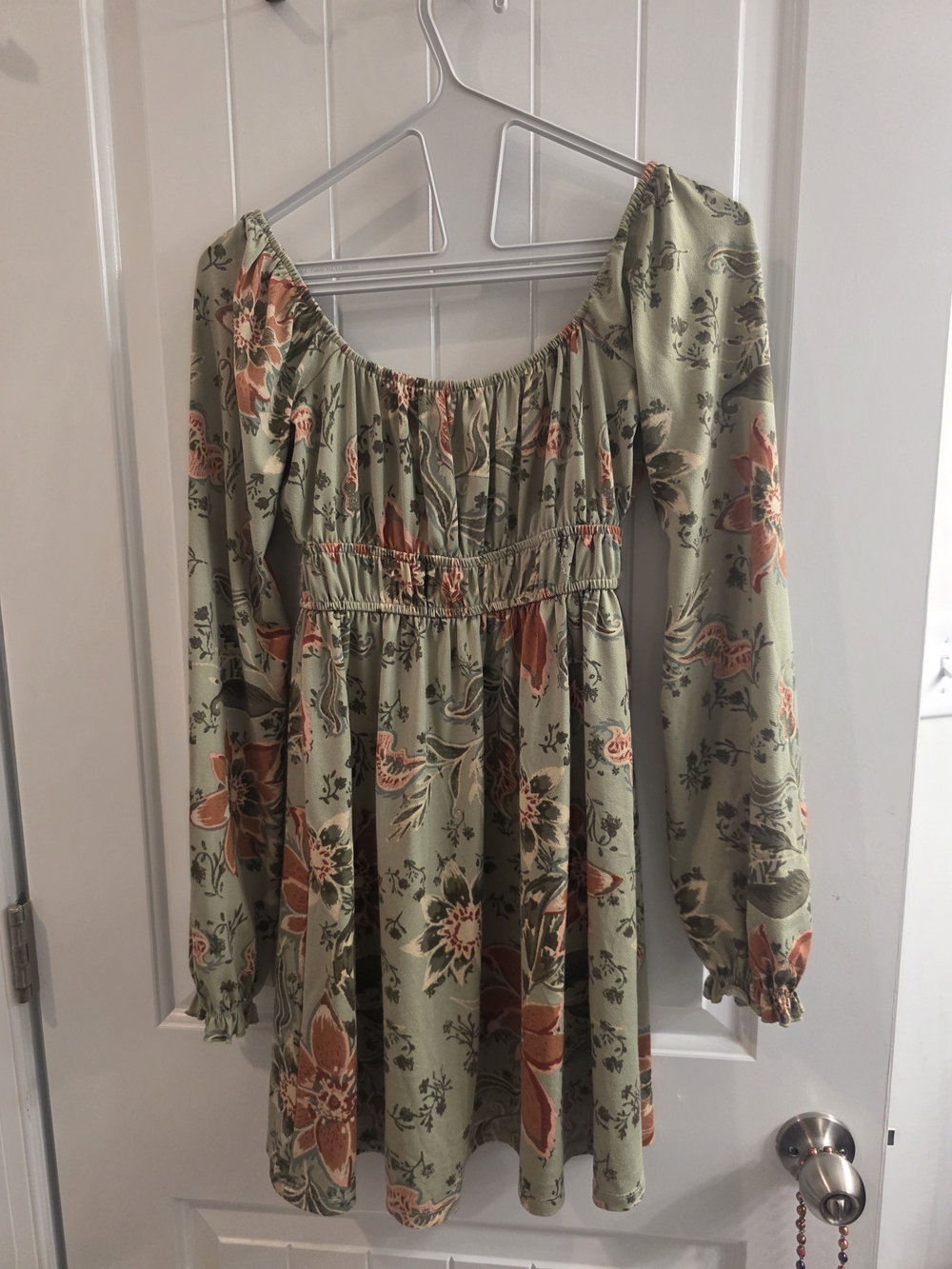 Women's Olive Green Floral Peasant Dress